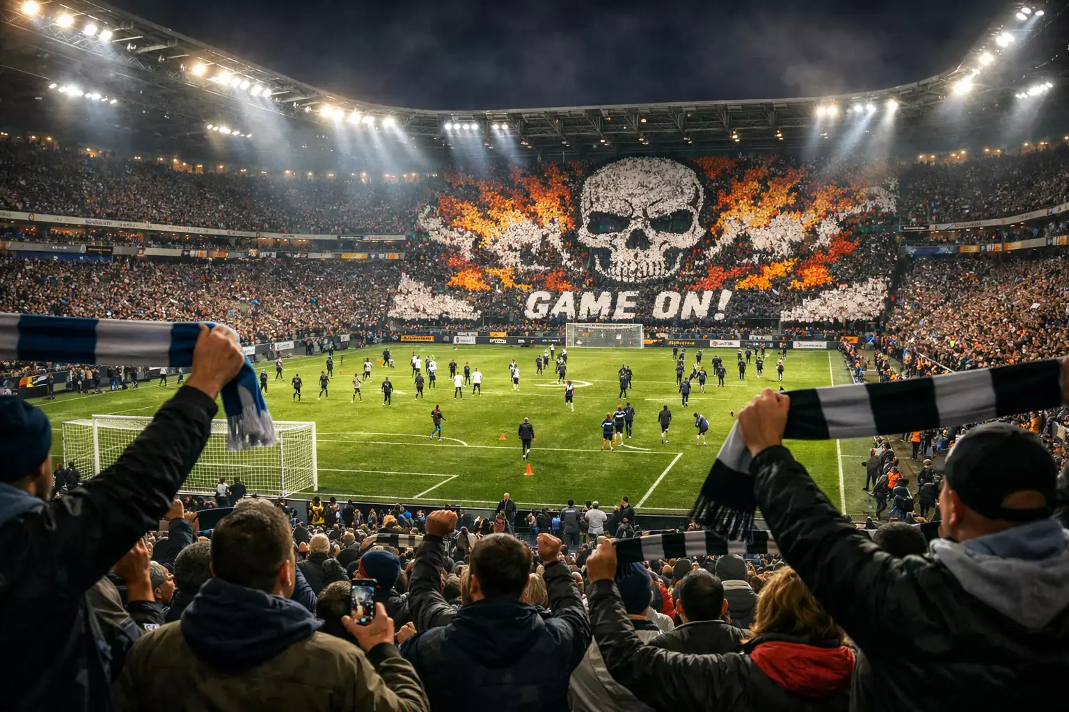 Ausverkauftes Fußballstadion mit begeisterten Fans und Choreografie auf der Tribüne