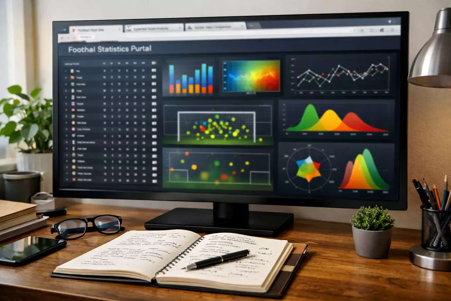 Bildschirm zeigt Fußballstatistiken und Datenvisualisierungen auf einem Portal