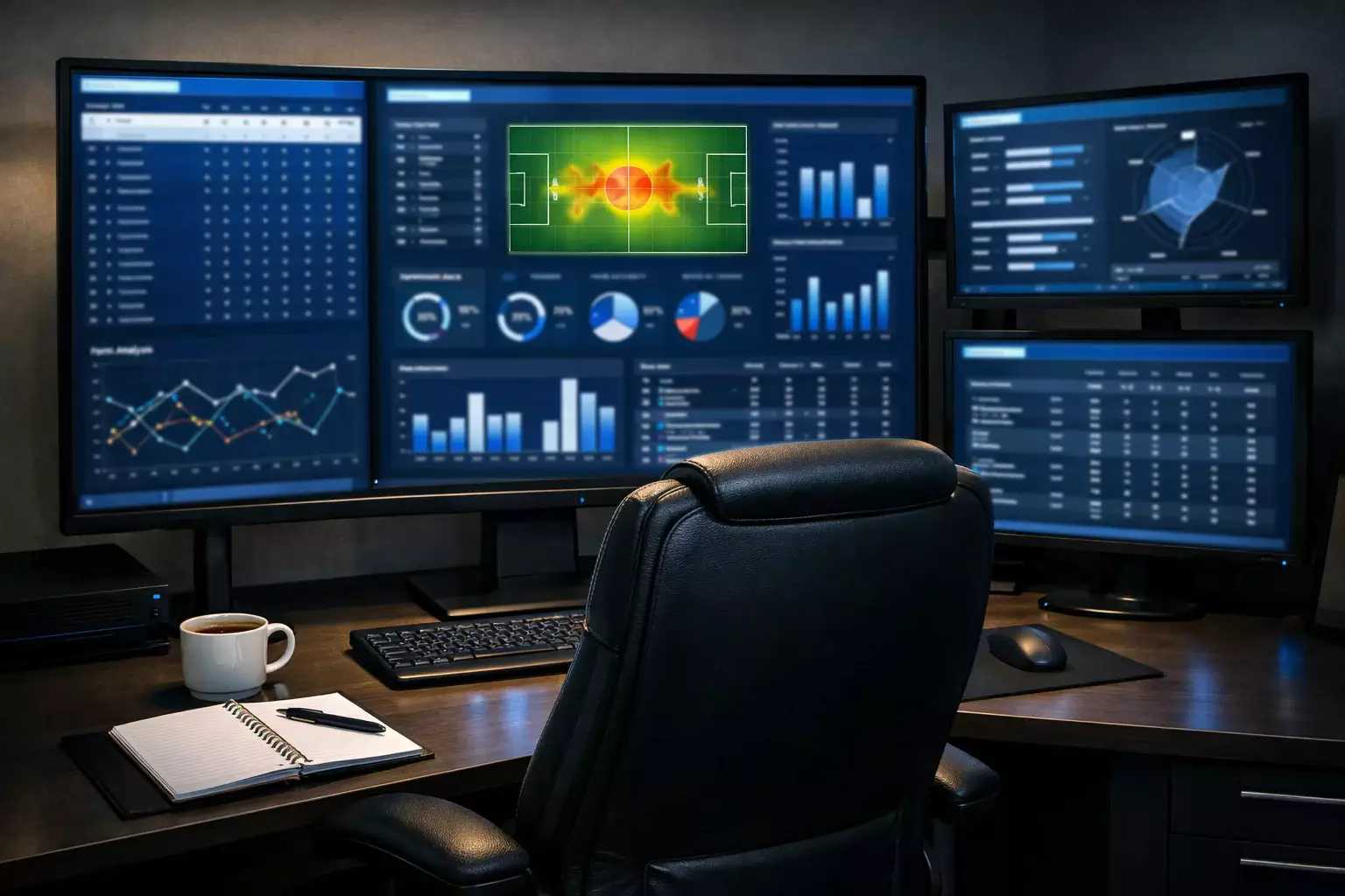 Datenanalyse-Arbeitsplatz mit Fußballstatistiken auf mehreren Bildschirmen