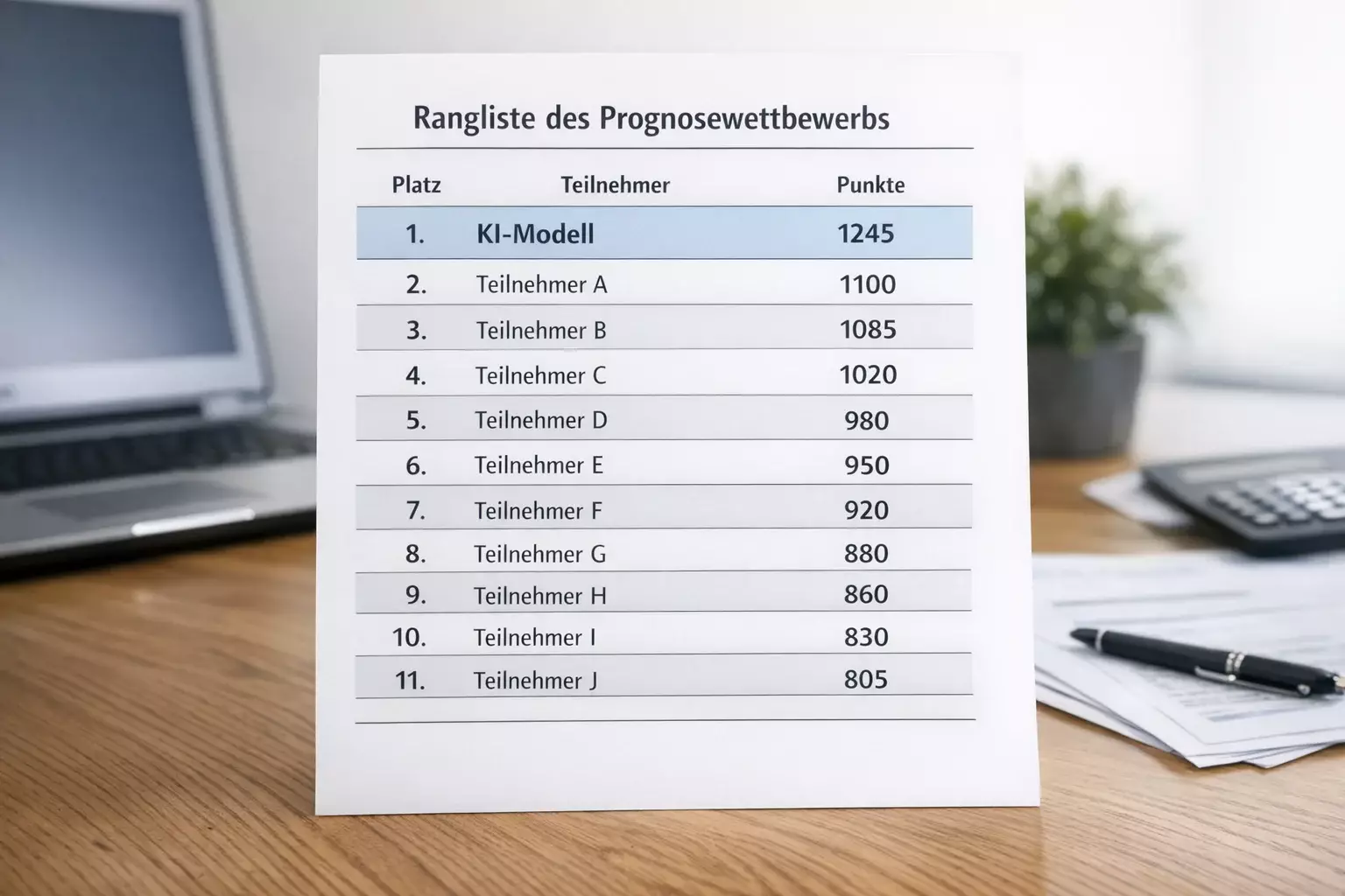 Rangliste eines Tippspiels mit KI-System an der Spitze