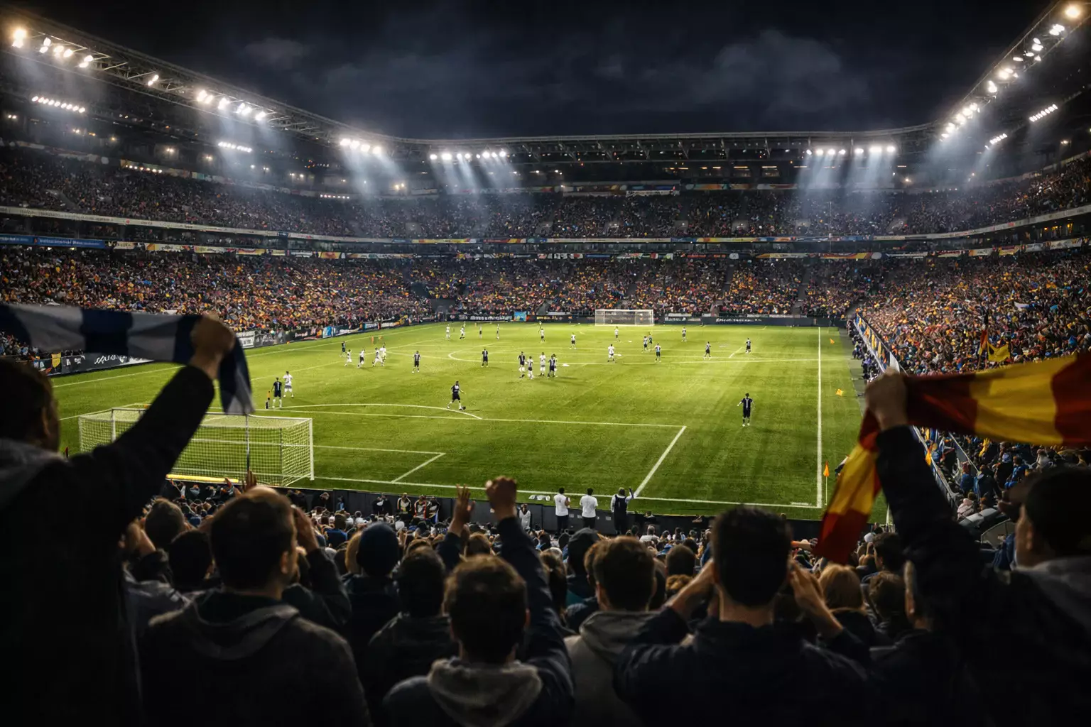 Ausverkauftes Stadion beim Abend-Topspiel mit Flutlicht und Fans