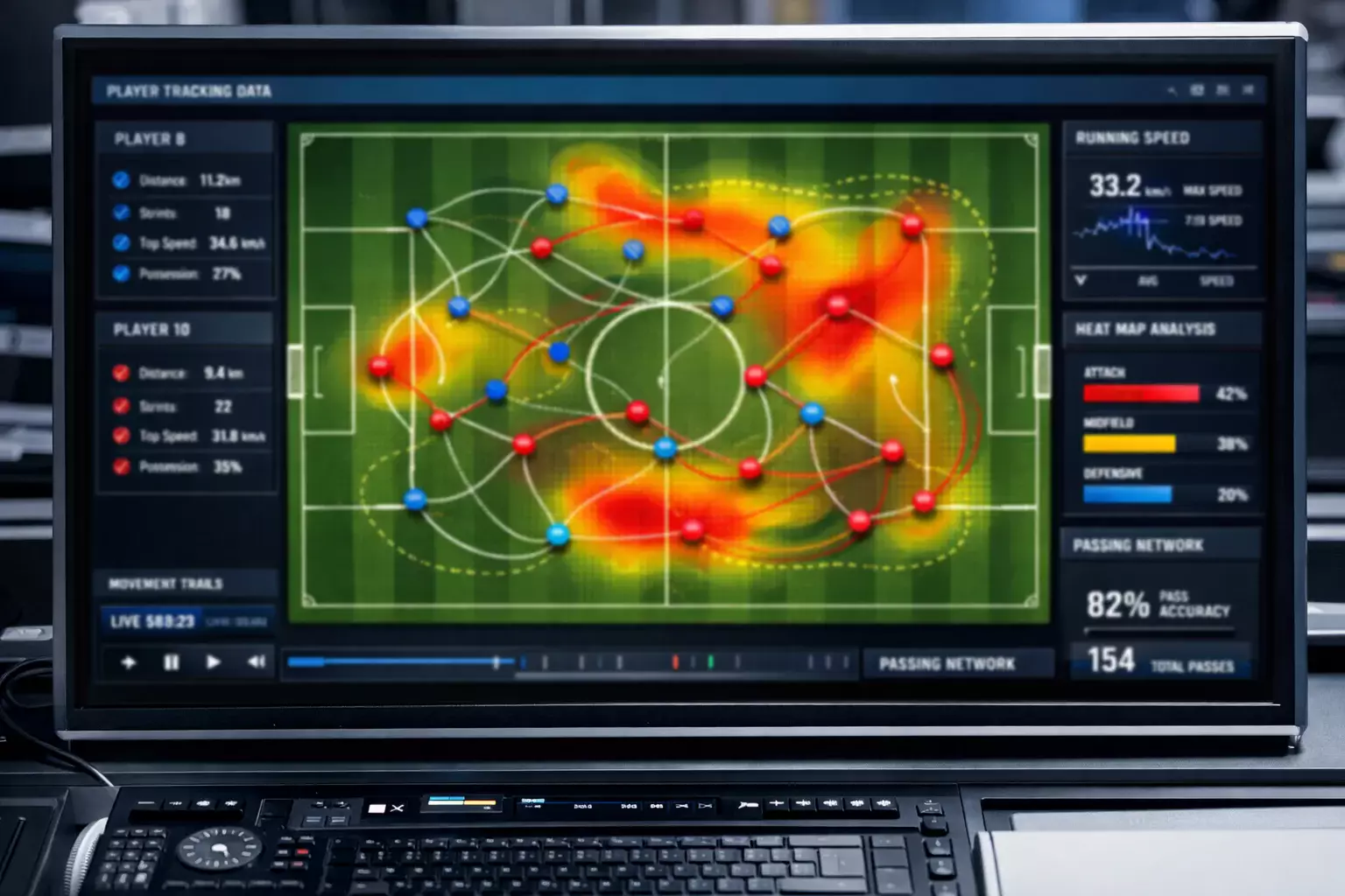 Spielfeld mit visualisierten Tracking-Daten und Spielerbewegungen