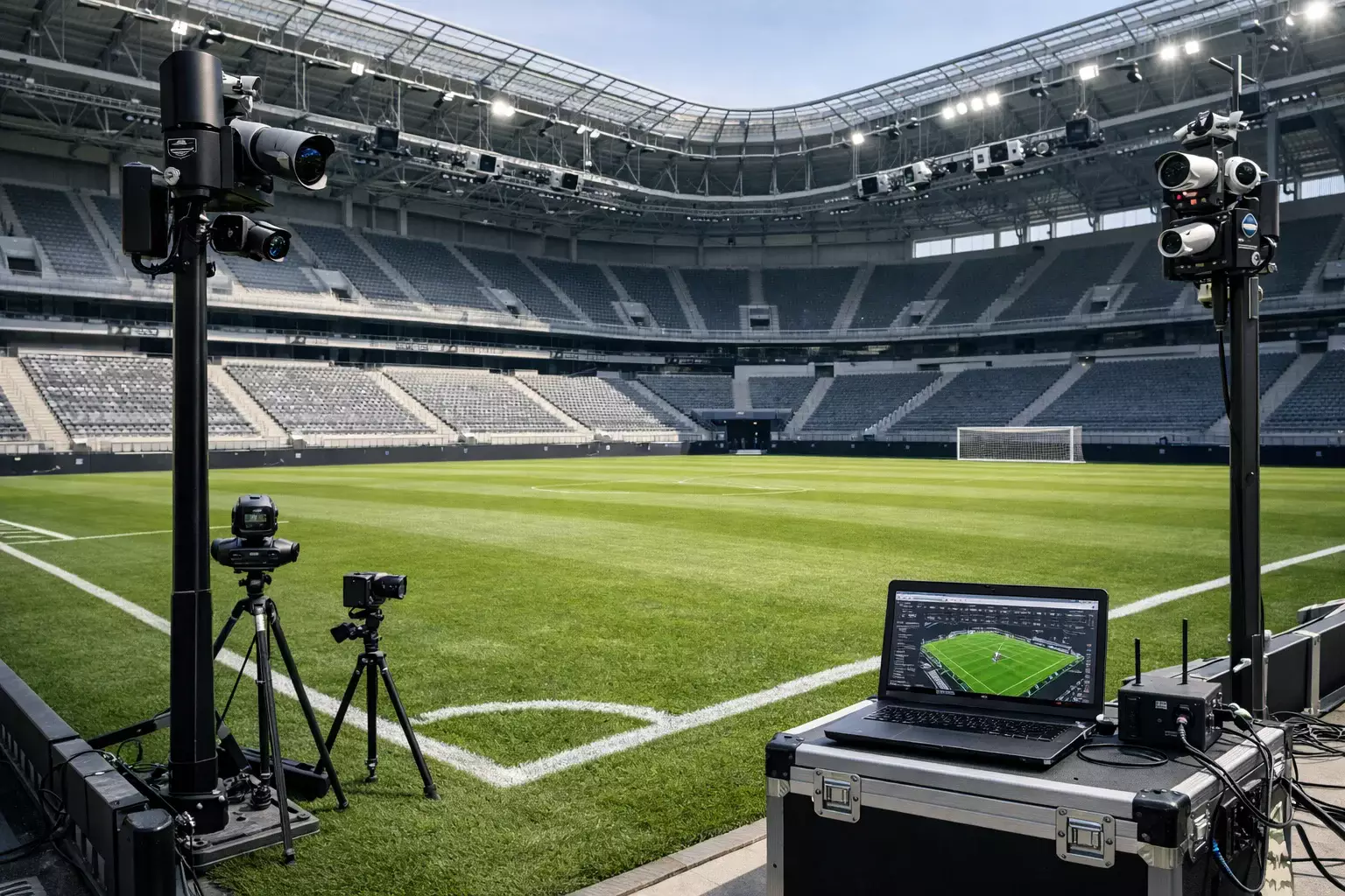 Modernes Fußballstadion mit Kamerasystemen zur Spielererfassung