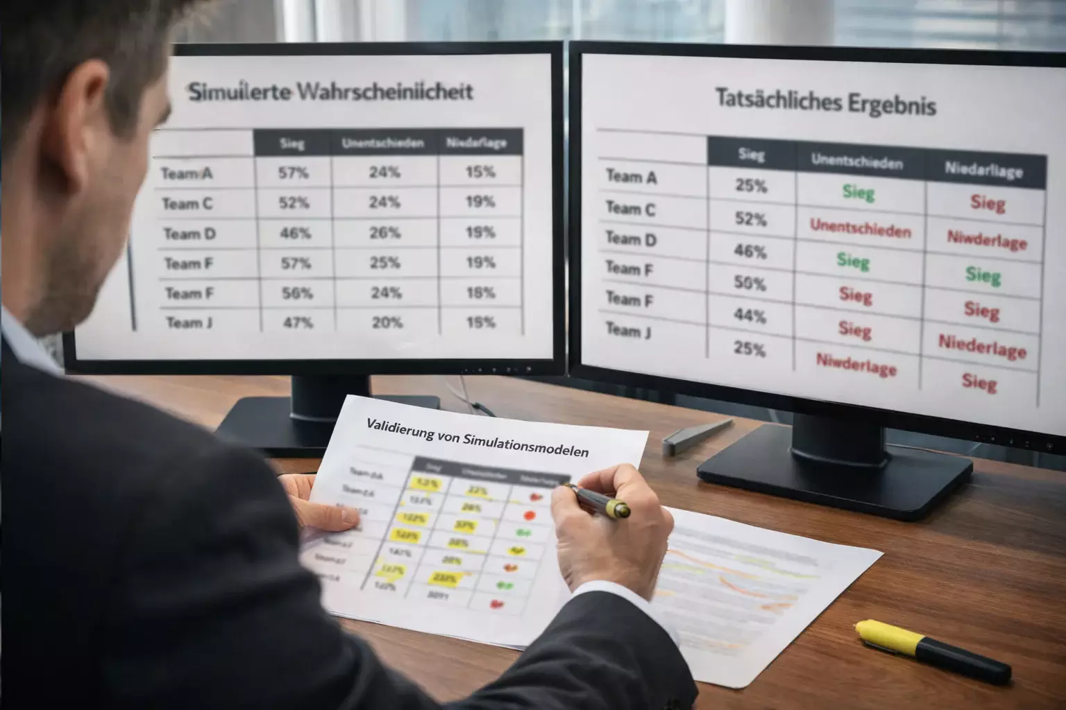 Analyst überprüft Simulationsergebnisse gegen reale Spielausgänge