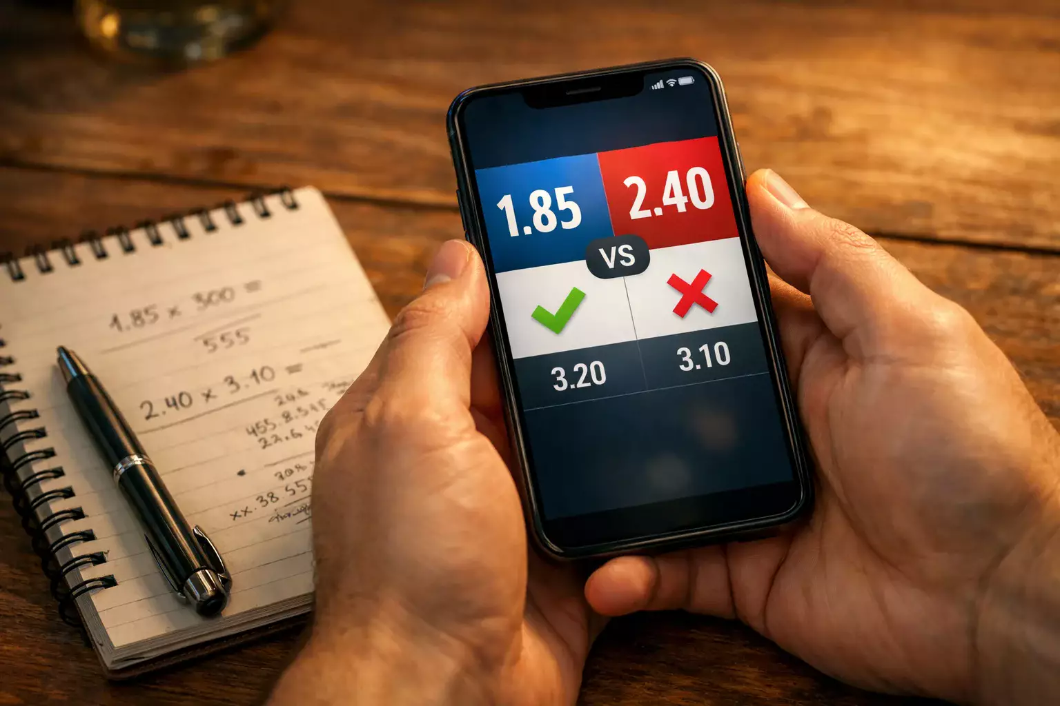 Person vergleicht Wettquoten auf Smartphone mit Notizen auf Papier