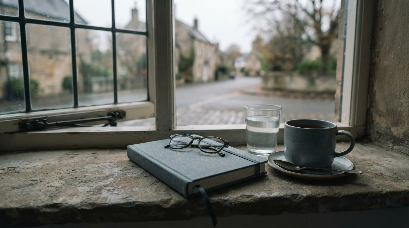 Ruhige Szene am Fenster mit Notizbuch und Teetasse als Symbol für Pause und Reflexion
