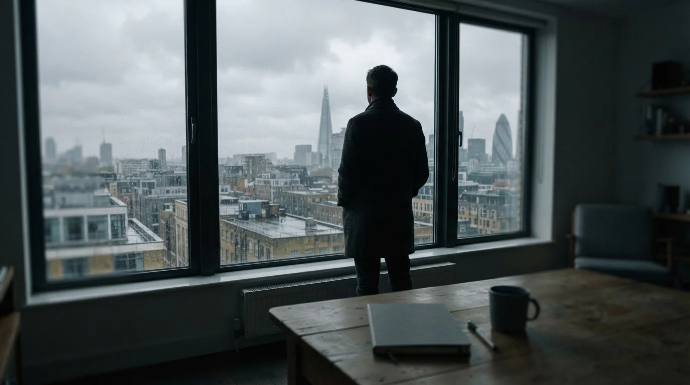 Silhouette einer Person am Fenster, ruhiger Moment der Reflexion