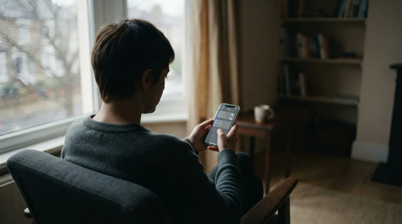 Person am Fenster stellt ein Einzahlungslimit auf dem Smartphone ein