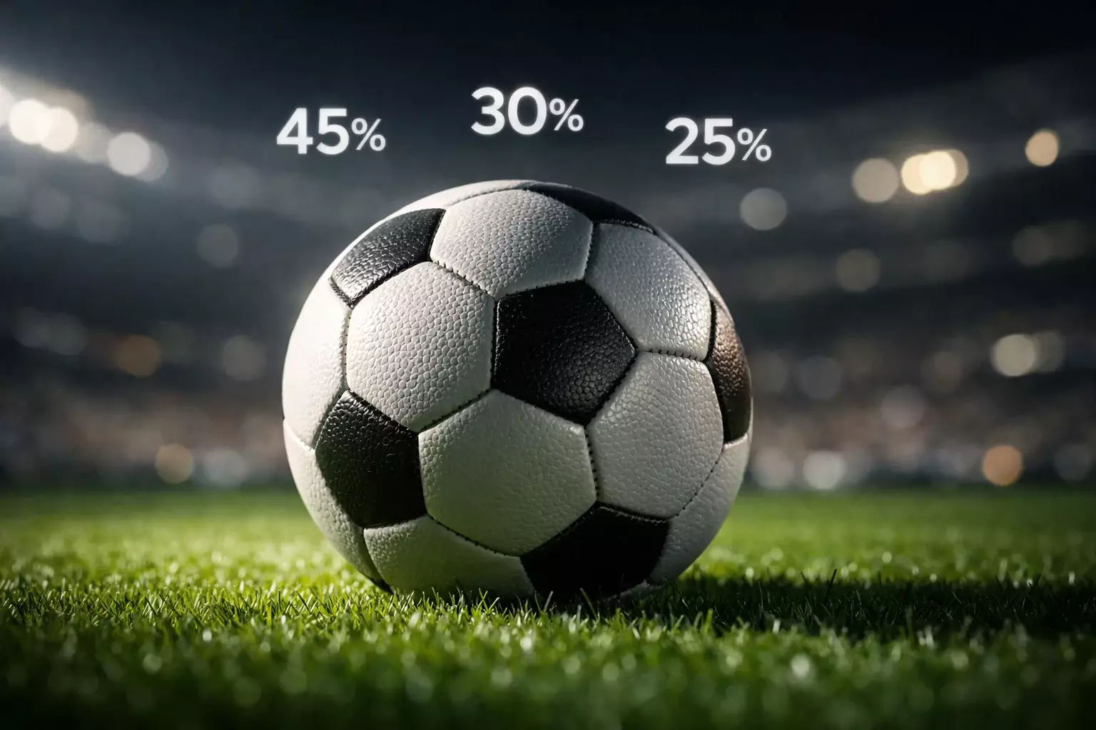 Fußball auf Rasen mit visualisierten Prozentangaben für Spielprognosen