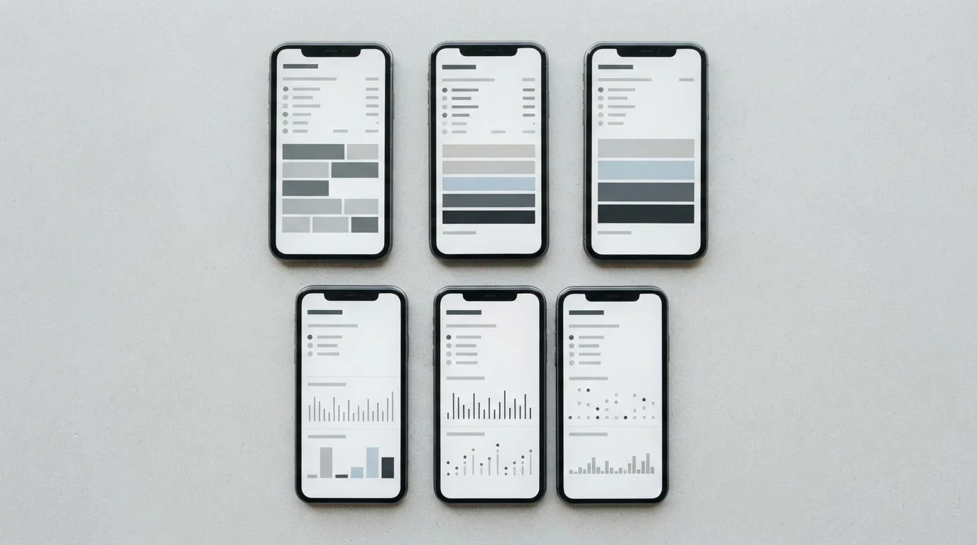 Mehrere Smartphones nebeneinander mit abstrakten App-Oberflächen für den Vergleich