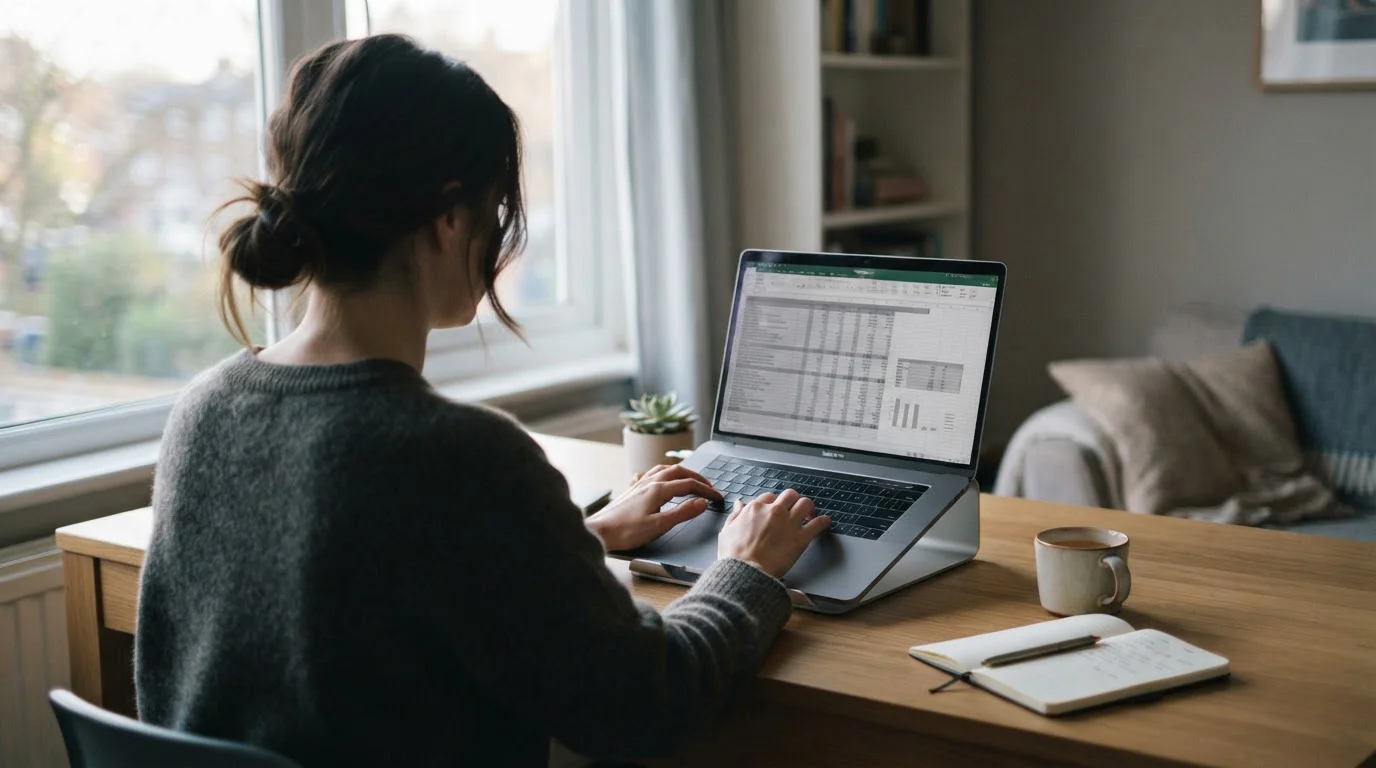 Person plant monatliches Wettbudget mit Tabellenübersicht auf Laptop