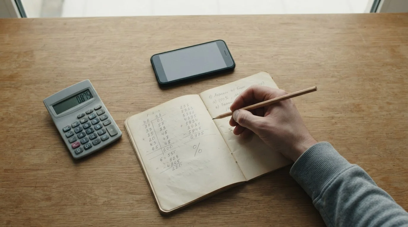 Taschenrechner und Notizblock mit handschriftlichen Berechnungen