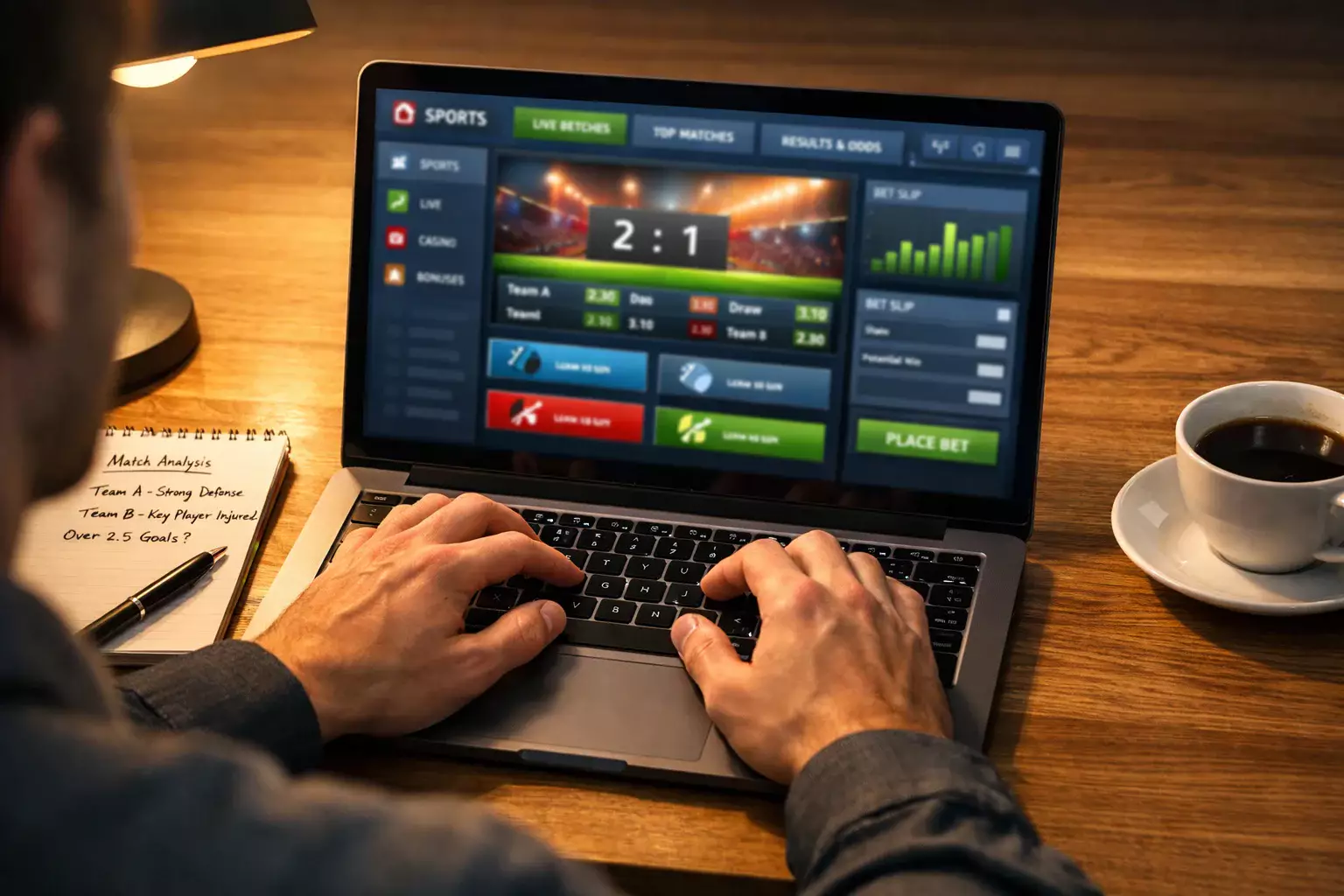 Person analysiert Fußballstatistiken auf Laptop mit Notizblock daneben