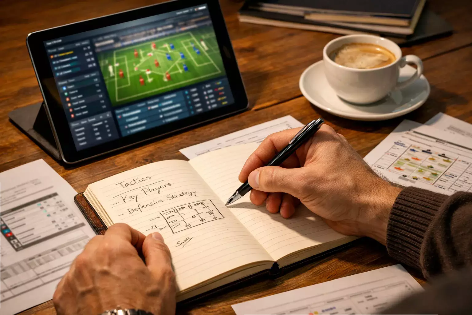 Person macht handschriftliche Notizen zur Spielanalyse neben einem Tablet