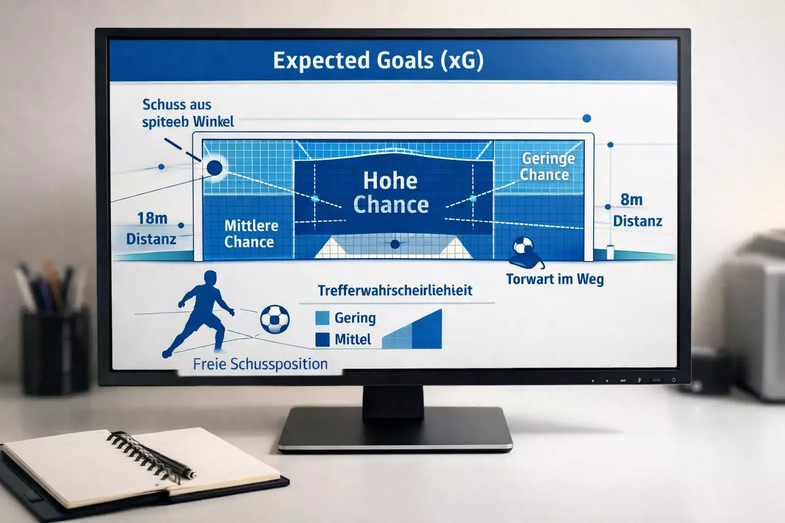 Grafische Darstellung der xG-Berechnung mit Distanz und Winkel zum Tor