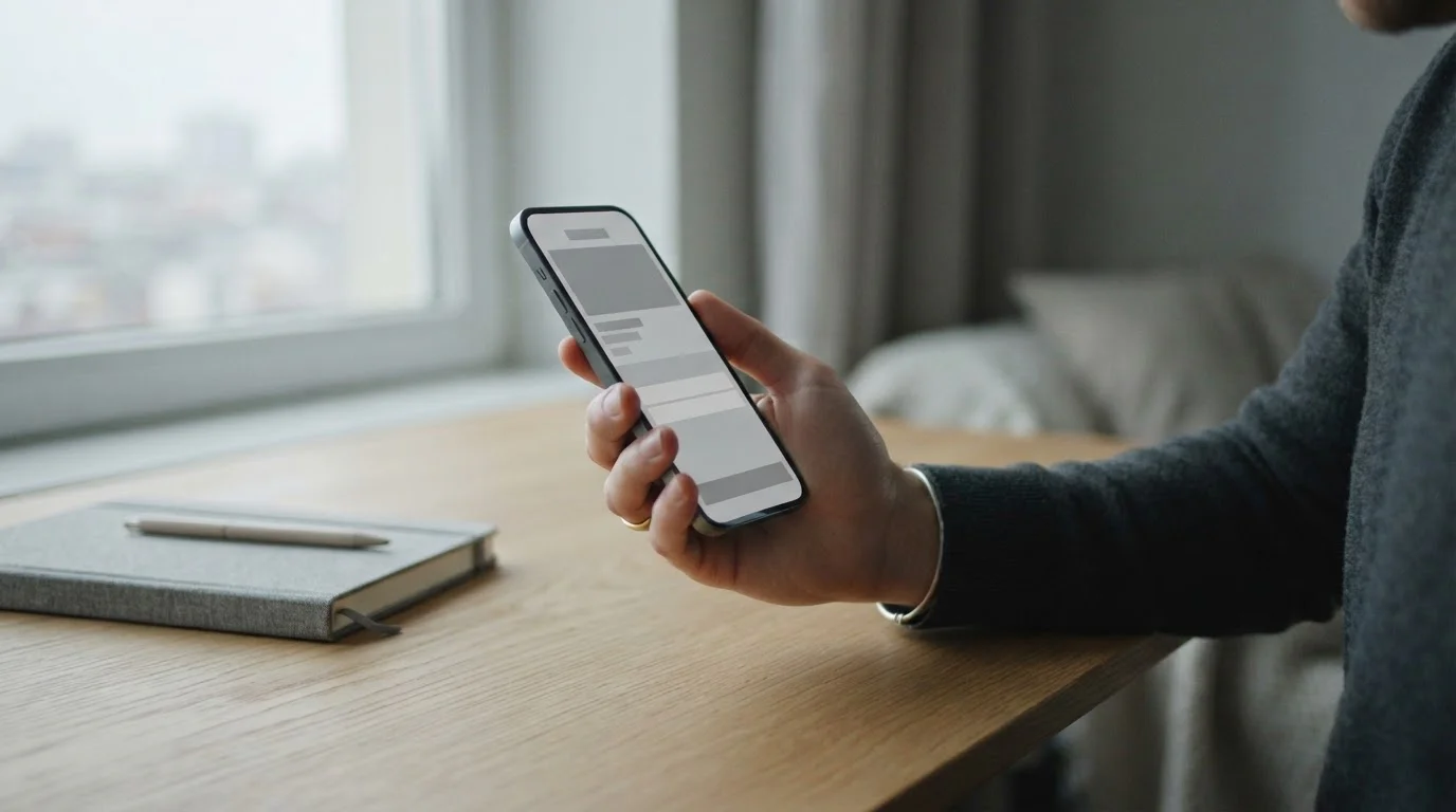 Hand hält Smartphone mit neutraler Zahlungsübersicht am Schreibtisch