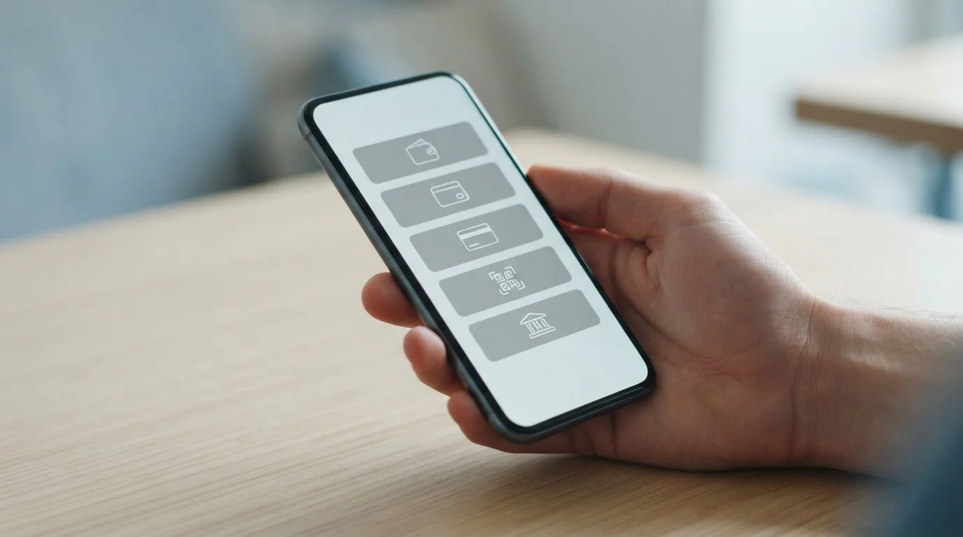 Smartphone mit verschiedenen digitalen Zahlungsoptionen auf neutralem Interface
