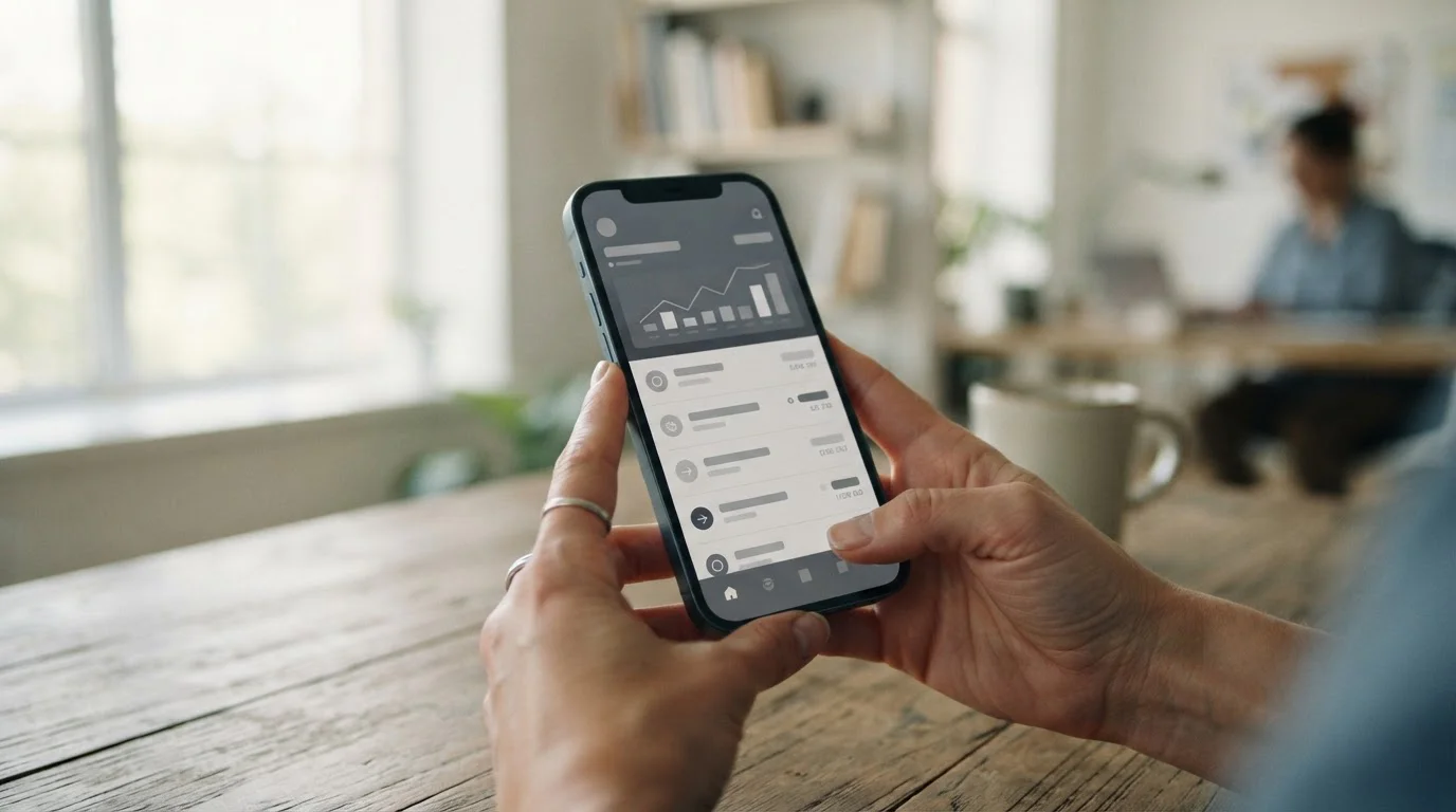 Smartphone mit neutraler Banking-App-Oberfläche in der Hand einer Person