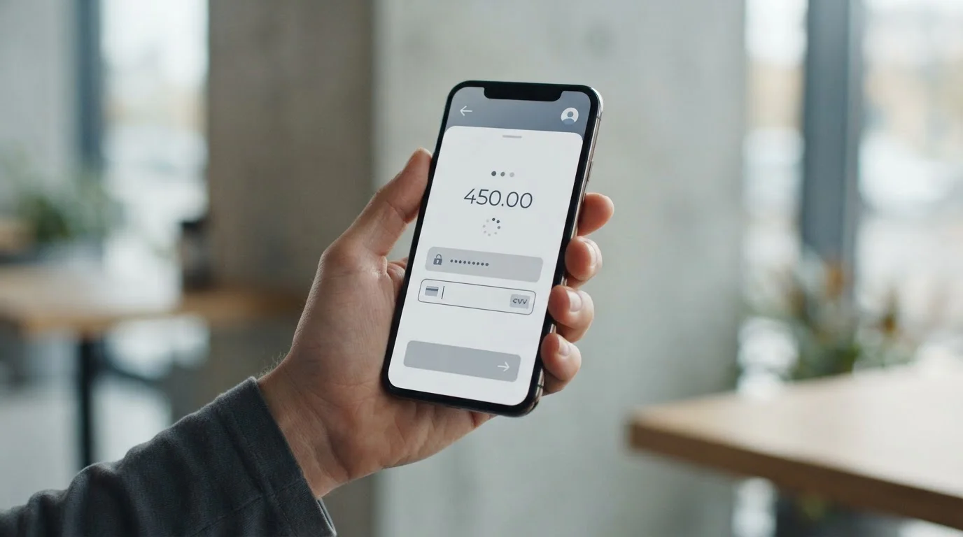 Smartphone zeigt abstrakten Zahlungsvorgang ohne Dokumentenupload