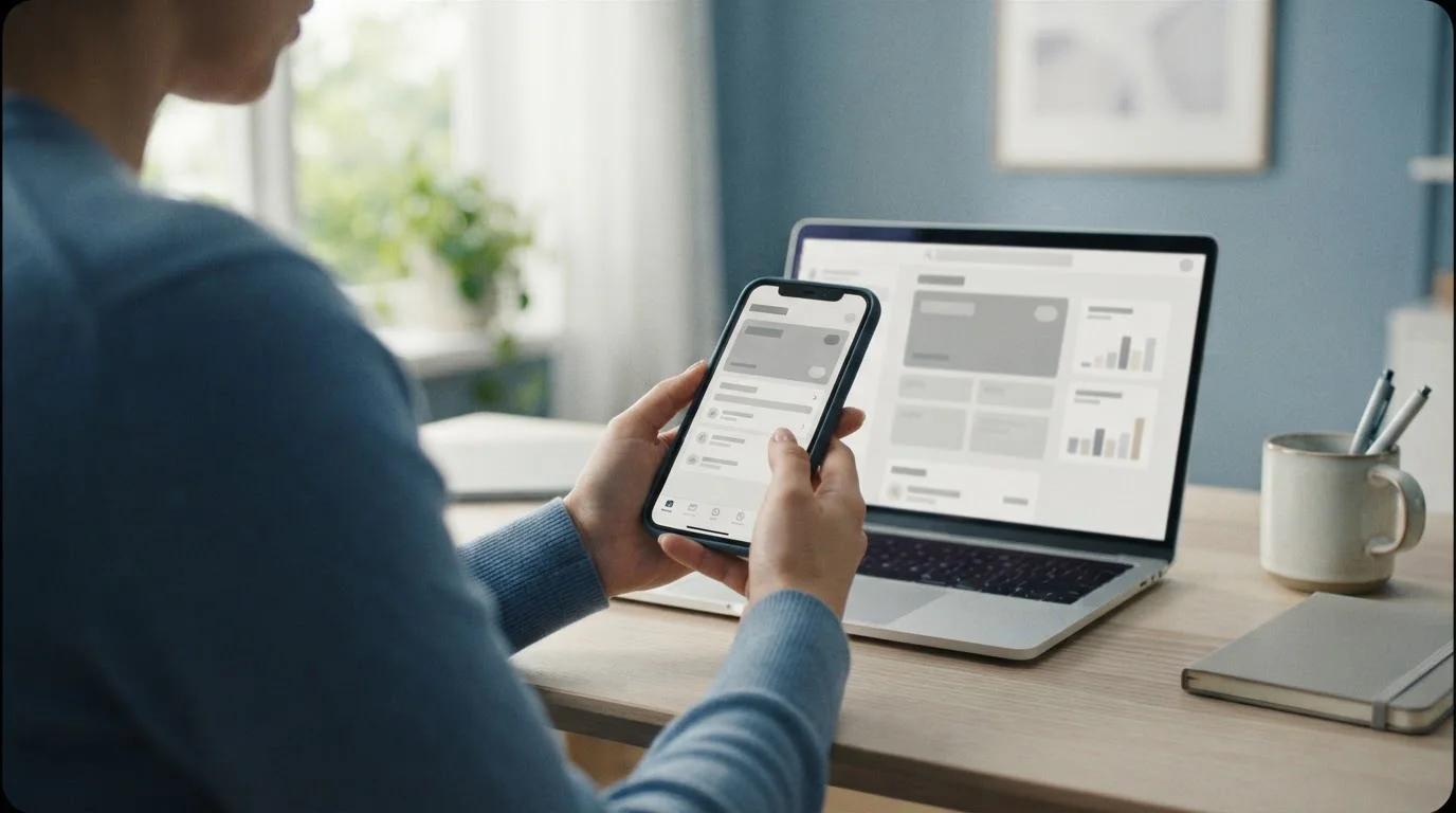 Person nutzt verschiedene digitale Zahlungsmethoden auf Smartphone und Laptop