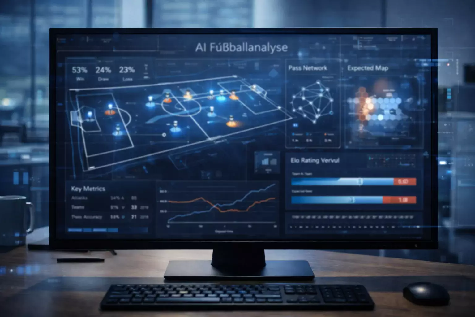 Futuristische Darstellung der Verbindung von KI und Fußballanalyse